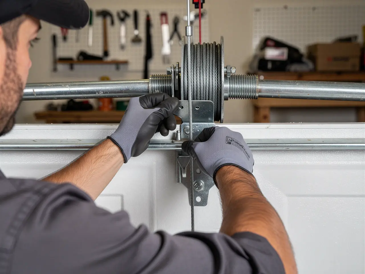 A technician adjusts a garage door cable drum and torsion spring.