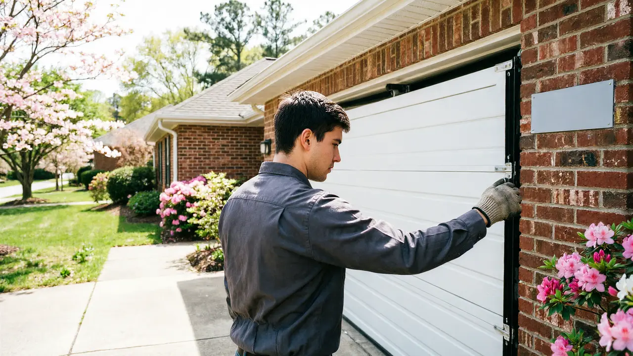 Technician kneeling to fit the bottom seal of a full-view glass garage door in a modern garage