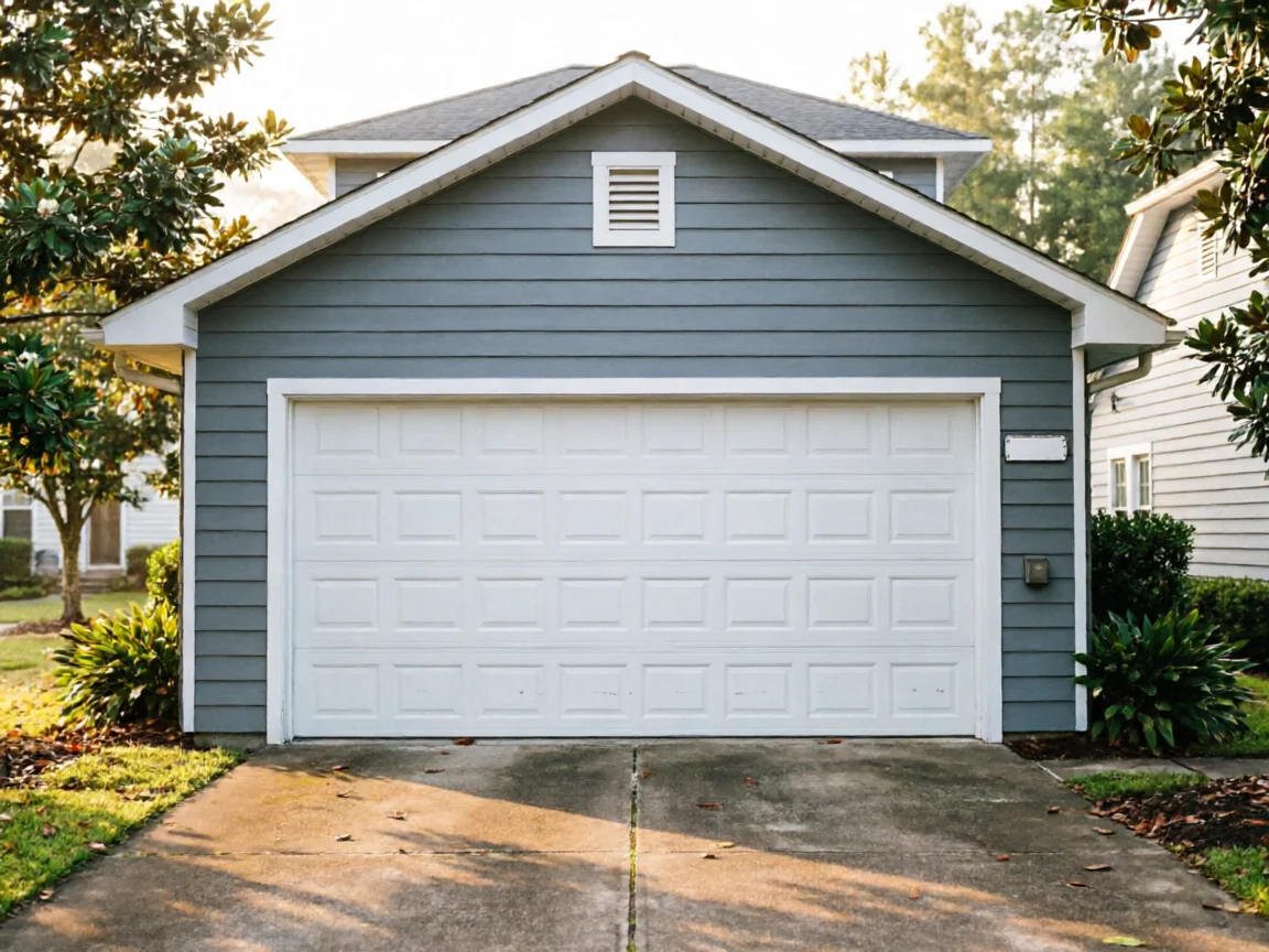 A white panel garage door on a gray house with a concrete driveway.